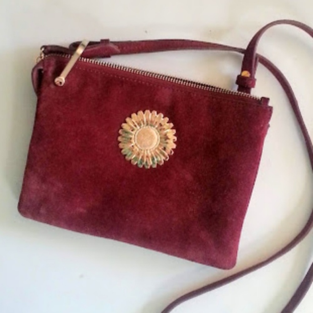 & Other Stories wine suede crossbody bag gold flower accent